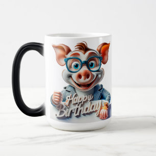 Cartoon Happy Birthday Illustration A cute Pig Magic Mug