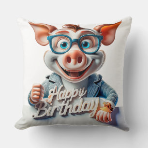 Cartoon Happy Birthday Illustration A cute Pig Throw Pillow