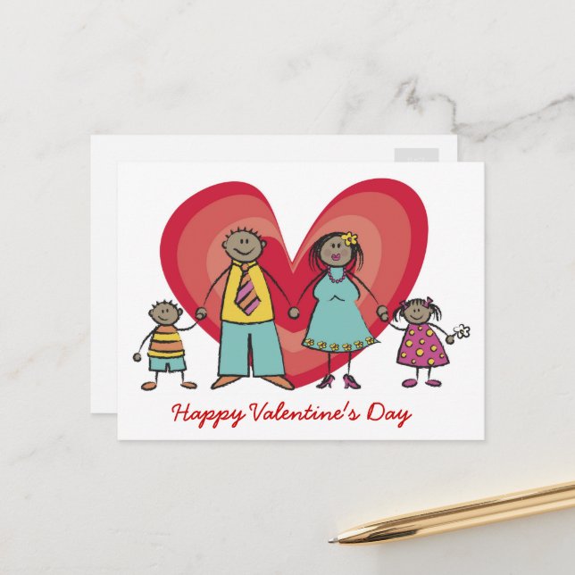 Cartoon Happy Family Big Red Heart Valentine's Day Holiday Postcard (Front/Back In Situ)