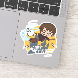 Cartoon Harry and Hedwig Flying Past Hogwarts