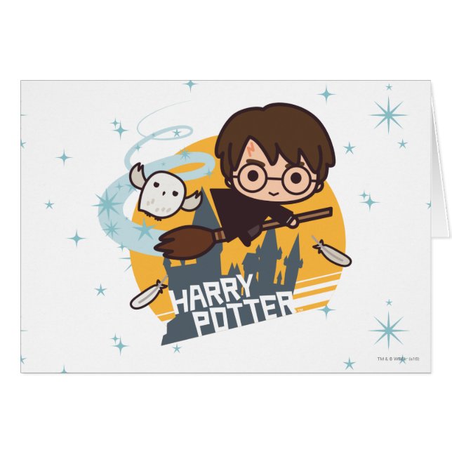 Cartoon Harry and Hedwig Flying Past Hogwarts (Front Horizontal)