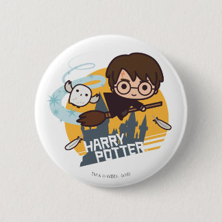 Cartoon Harry and Hedwig Flying Past Hogwarts 2 Inch Round Button