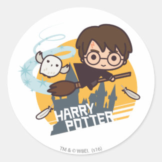 Cartoon Harry and Hedwig Flying Past Hogwarts Classic Round Sticker