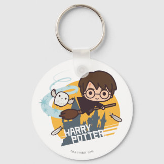 Cartoon Harry and Hedwig Flying Past Hogwarts Keychain