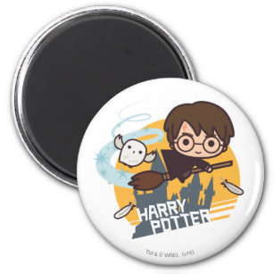 Cartoon Harry and Hedwig Flying Past Hogwarts Magnet