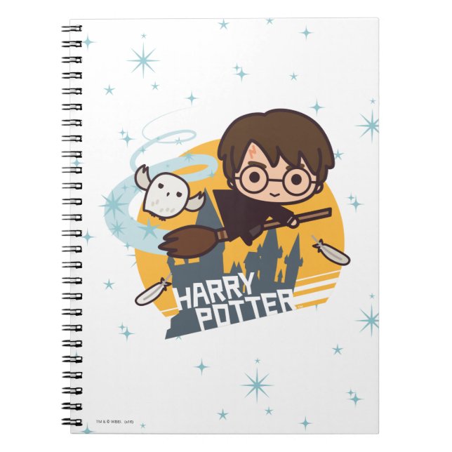 Cartoon Harry and Hedwig Flying Past Hogwarts Notebook (Front)