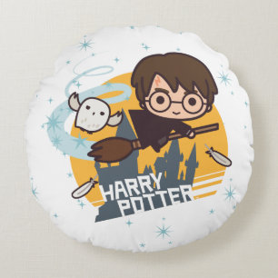 Cartoon Harry and Hedwig Flying Past Hogwarts Round Pillow