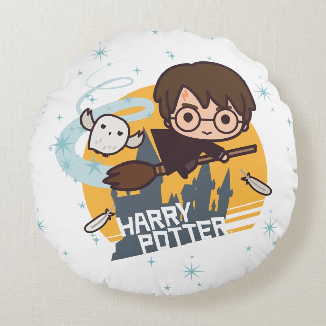 Cartoon Harry and Hedwig Flying Past Hogwarts Round Pillow (Front)