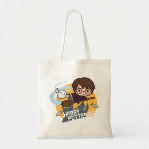 Cartoon Harry and Hedwig Flying Past Hogwarts Tote Bag