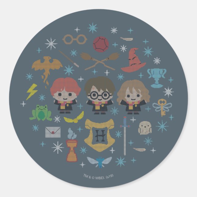 Cartoon Harry Potter Cross-Stitch Collage Classic Round Sticker (Front)