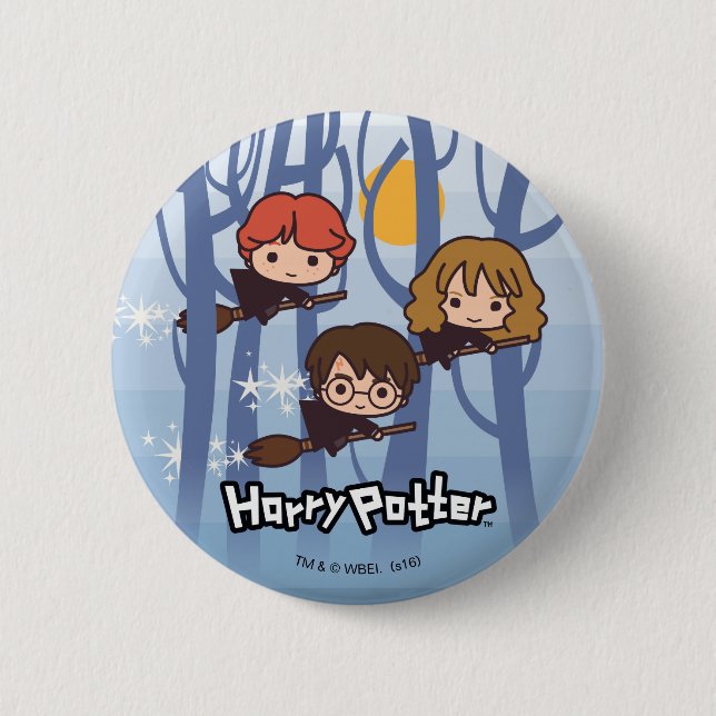 Cartoon Harry, Ron, & Hermione Flying In Woods 2 Inch Round Button (Front)