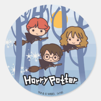 Cartoon Harry, Ron, & Hermione Flying In Woods Classic Round Sticker