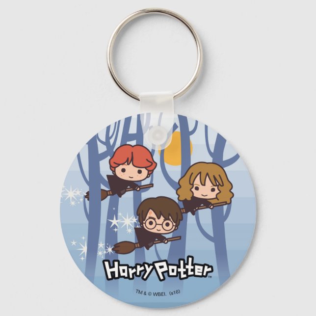 Cartoon Harry, Ron, & Hermione Flying In Woods Keychain (Front)