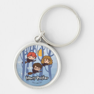 Cartoon Harry, Ron, & Hermione Flying In Woods Keychain