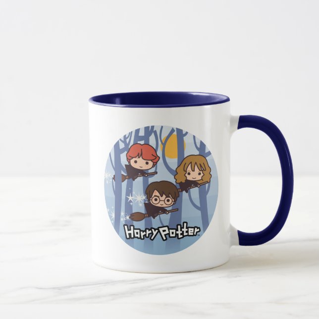 Cartoon Harry, Ron, & Hermione Flying In Woods Mug (Right)