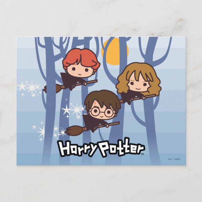 Cartoon Harry, Ron, & Hermione Flying In Woods Postcard (Front)