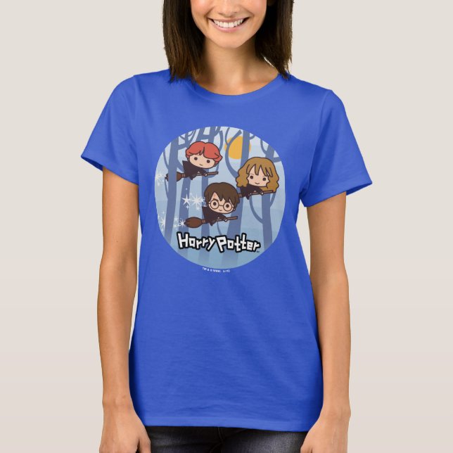 Cartoon Harry, Ron, & Hermione Flying In Woods T-Shirt (Front)