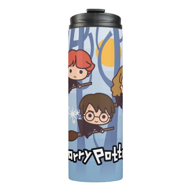 Cartoon Harry, Ron, & Hermione Flying In Woods Thermal Tumbler (Front)