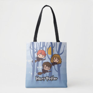 Cartoon Harry, Ron, & Hermione Flying In Woods Tote Bag