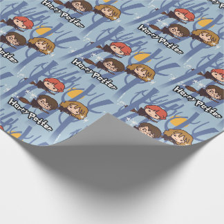 Cartoon Harry, Ron, & Hermione Flying In Woods Wrapping Paper