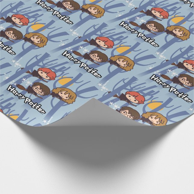 Cartoon Harry, Ron, & Hermione Flying In Woods Wrapping Paper (Corner)