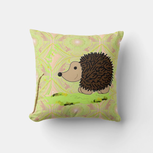 Cartoon Hedgehog on Pattern Throw Pillow (Front)