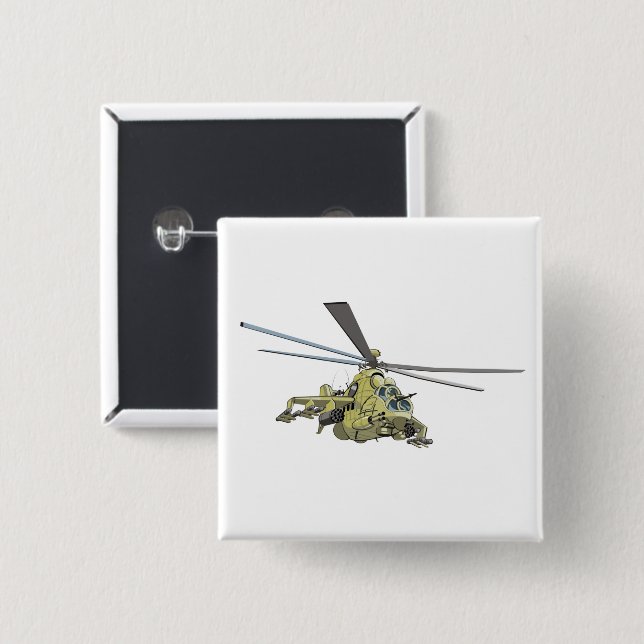 Cartoon Helicopter "Hind" 2 Inch Square Button (Front & Back)