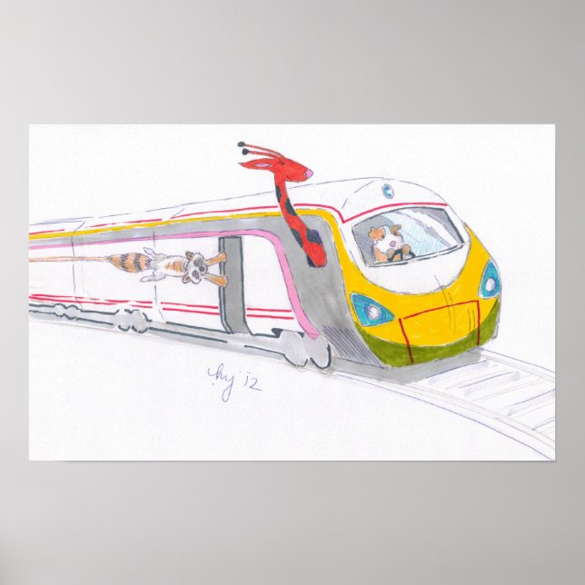 Cartoon high speed train guinea giraffe raccoon poster (Front)