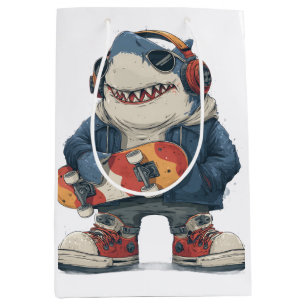 Cartoon Hip Hop Shark Character with Skateboard  Medium Gift Bag