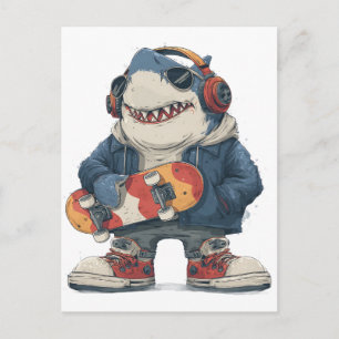 Cartoon Hip Hop Shark Character with Skateboard Postcard