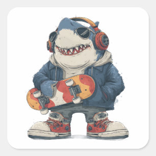Cartoon Hip Hop Shark Character with Skateboard  Square Sticker