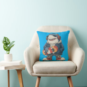 Cartoon Hip Hop Shark Character with Skateboard Throw Pillow