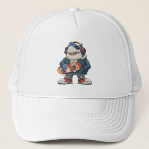 Cartoon Hip Hop Shark Character with Skateboard Trucker Hat