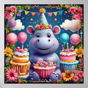 Cartoon Hippo Birthday – Cute Animal Party Poster