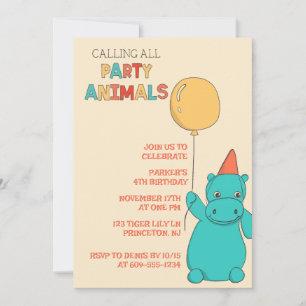 Cartoon Hippo Hippopotamus, Balloon Party Animal Invitation