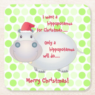 Cartoon Hippopotamus Christmas Xmas Square Paper Coaster