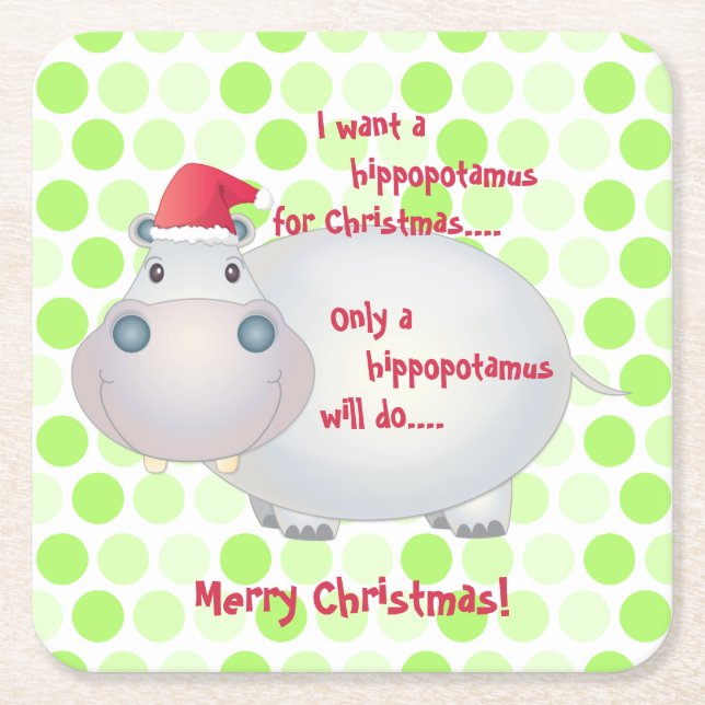 Cartoon Hippopotamus Christmas Xmas Square Paper Coaster (Front)