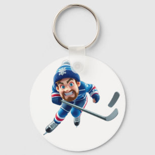 Cartoon Hockey Player Skating with Intense Express Keychain
