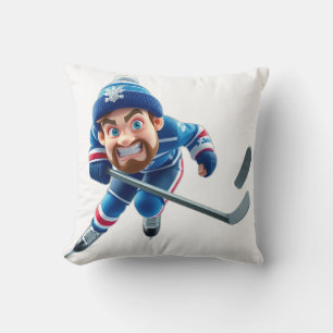 Cartoon Hockey Player Skating with Intense Express Throw Pillow