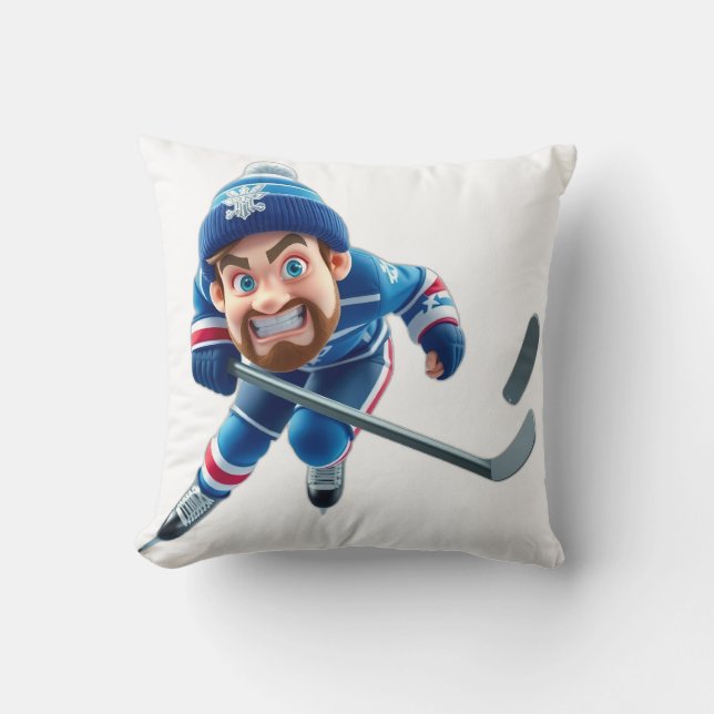 Cartoon Hockey Player Skating with Intense Express Throw Pillow (Front)