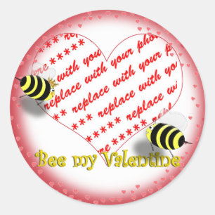 Cartoon Honey Bees "Bee My Valentine" Photo Frame Classic Round Sticker