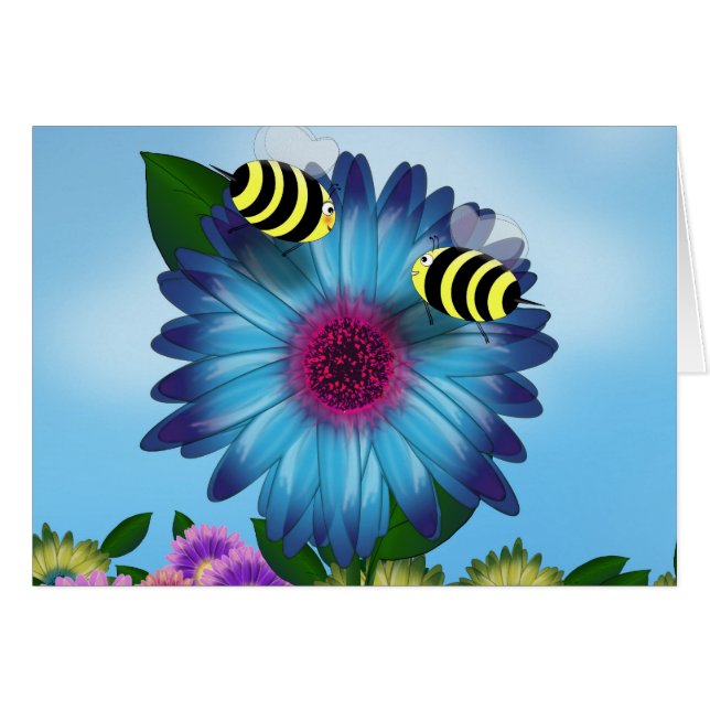 Cartoon Honey Bees Meeting on Blue Flower (Front Horizontal)