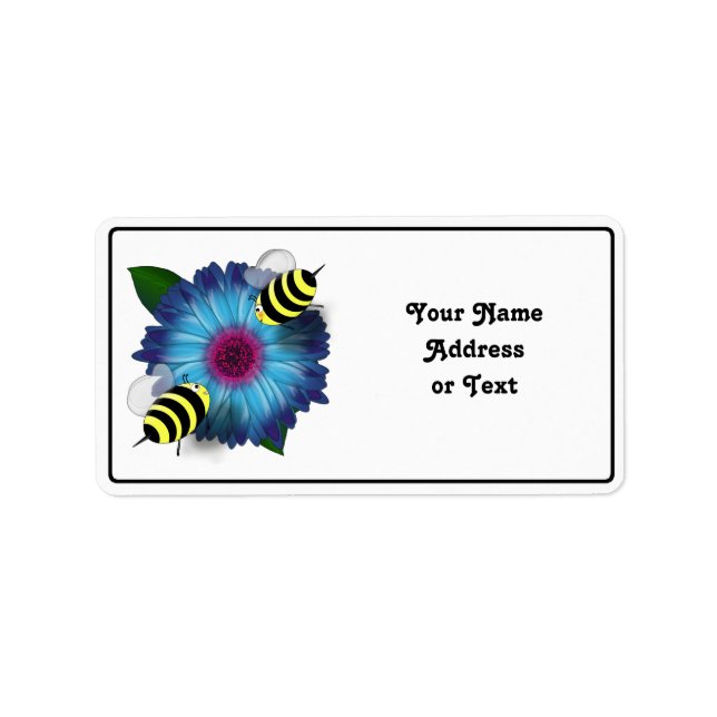 Cartoon Honey Bees Meeting on Blue Flower Label (Front)
