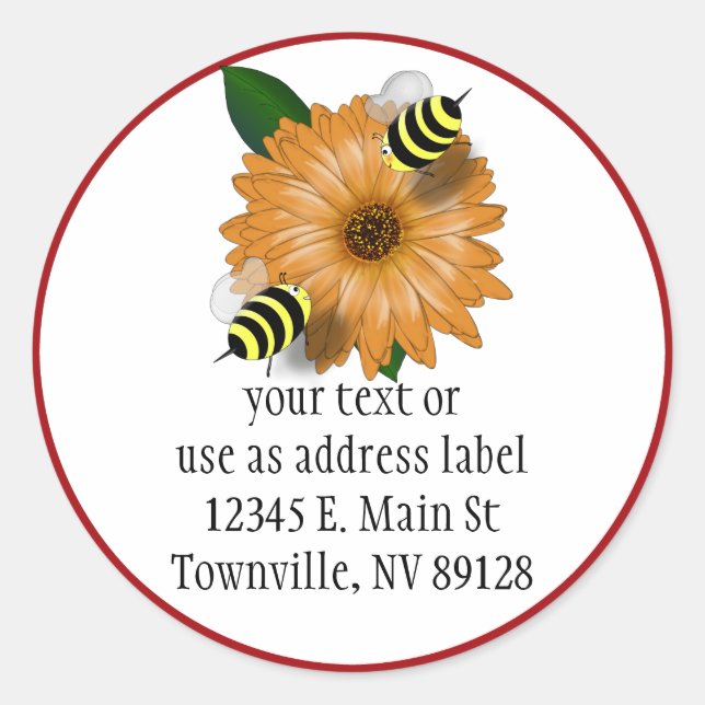 Cartoon Honey Bees Meeting on Orange Flower Classic Round Sticker (Front)