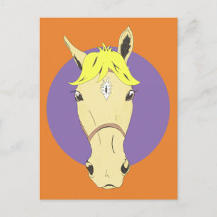 Cartoon horse face on purple and orange background postcard