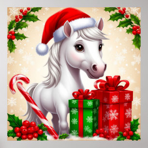 Cartoon Horse Santa Hat Christmas Gifts Holiday Poster