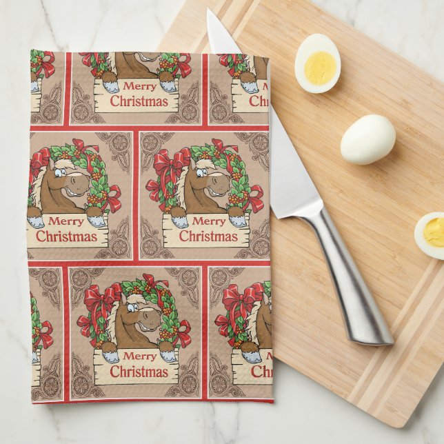 Cartoon Horse With Wreath  Merry Christmas Sign   Kitchen Towel (Quarter Fold)