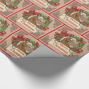 Cartoon Horse With Wreath Merry Christmas Sign Wrapping Paper
