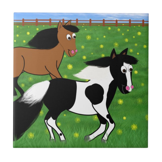 Cartoon Horses Running in Field Tile (Front)