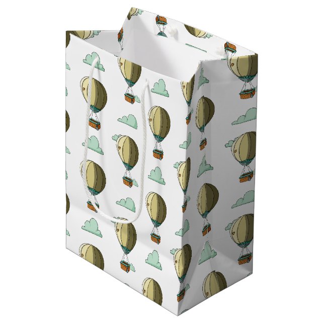 Cartoon Hot Air Balloon Neutral Baby Shower Medium Gift Bag (Front Angled)